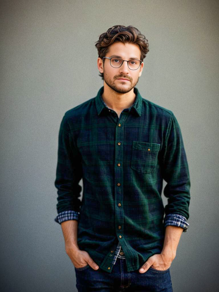 Stylish young man with curly hair in green plaid shirt