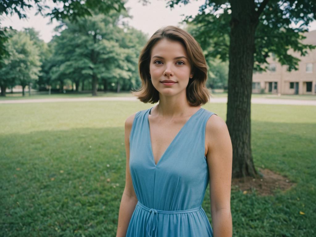 Serene Woman in Elegant Blue Dress in Park