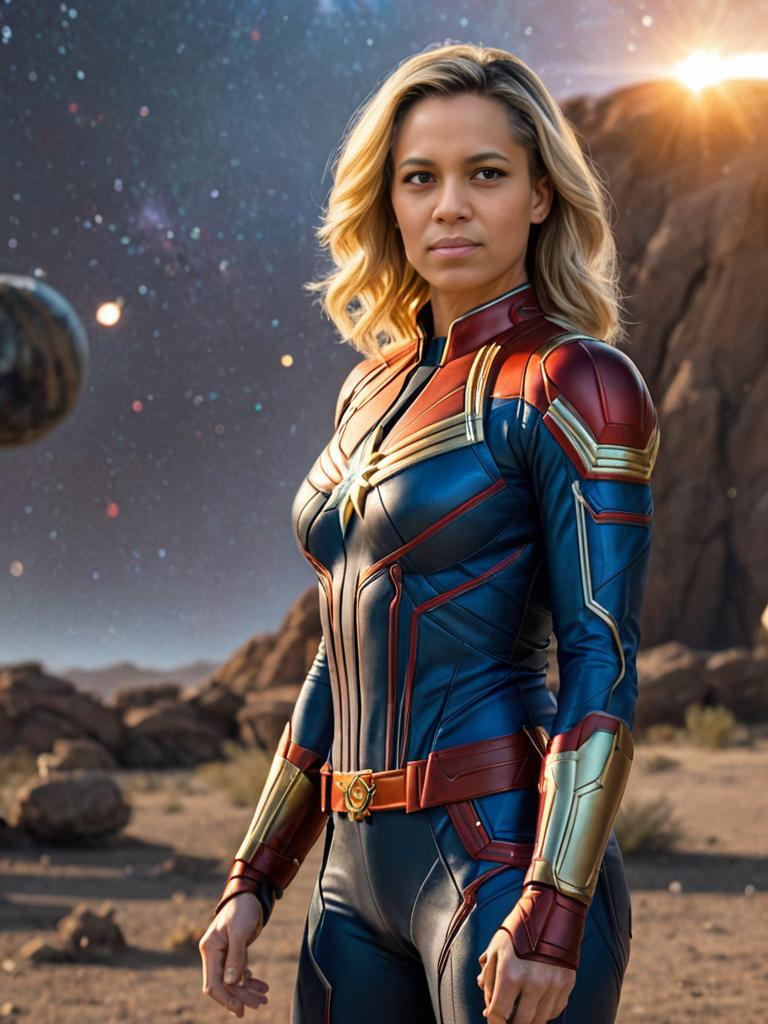 Captain Marvel Cosplay Against Cosmic Backdrop