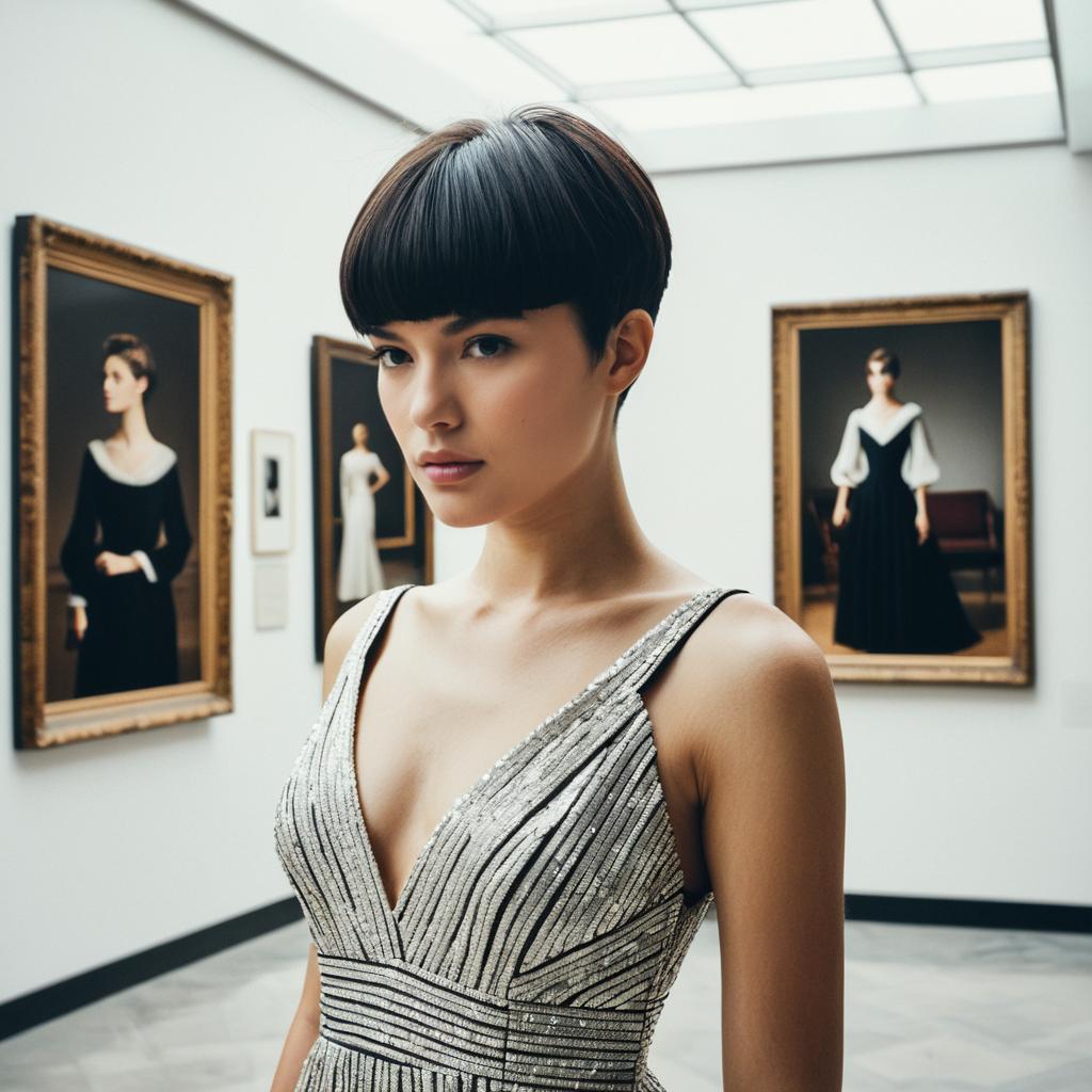 Elegant Woman in Silver Dress with Bob Haircut in Art Gallery