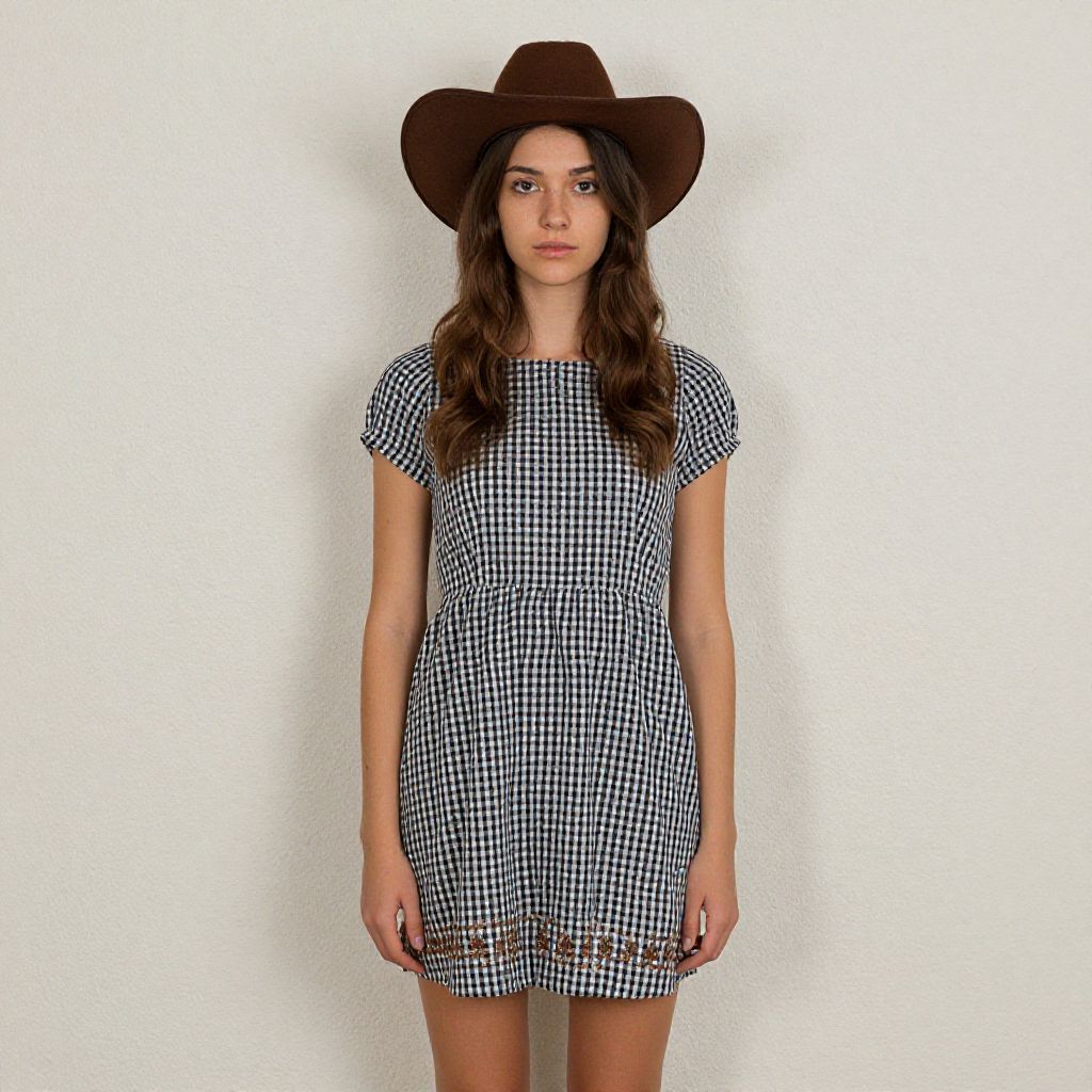 Young Woman in Checkered Dress and Brown Cowboy Hat with Rustic Style