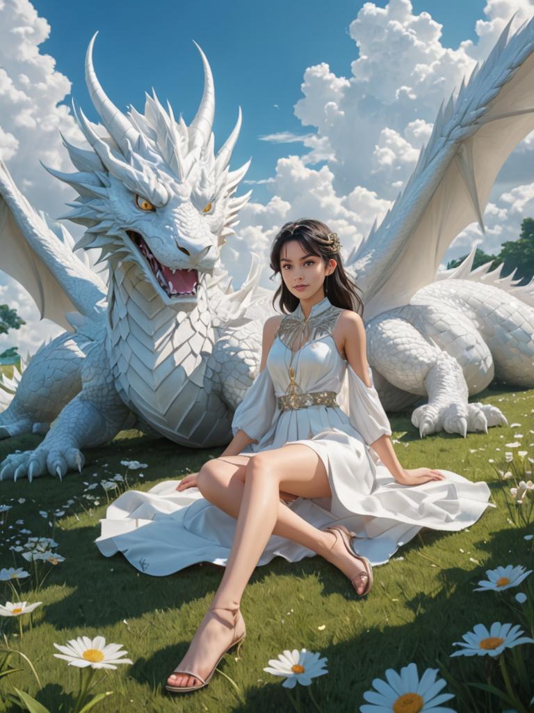 Girl with White Dragon Under Blue Sky