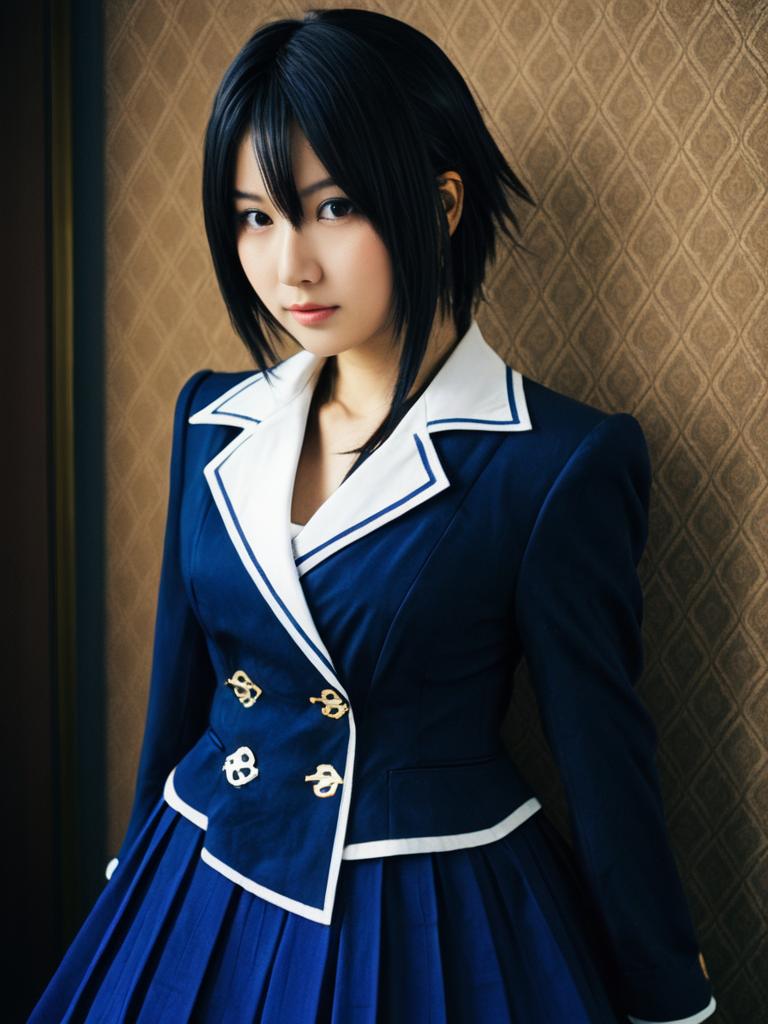 Realistic Aoi Kanzaki Cosplay Woman in Navy Blue School Uniform