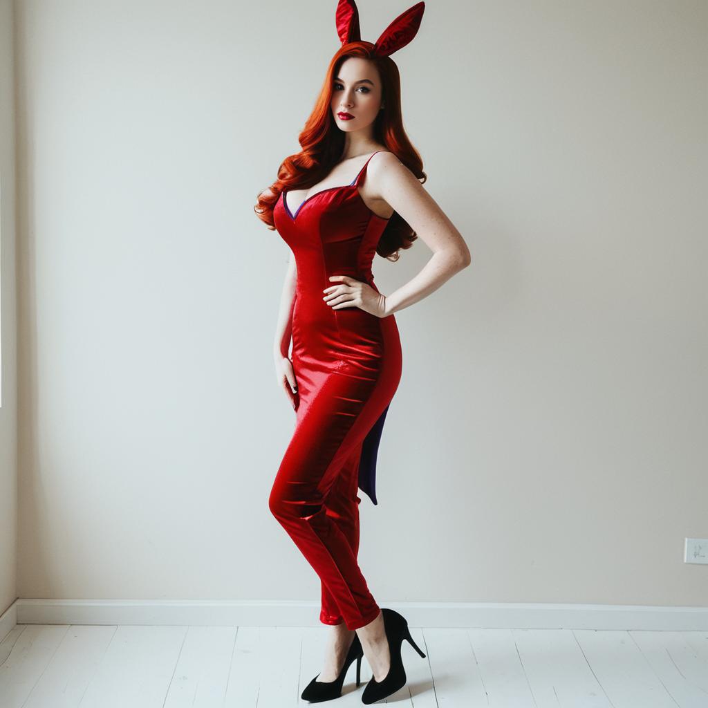 Confident Woman in Red Satin Bunny Costume with Black Heels