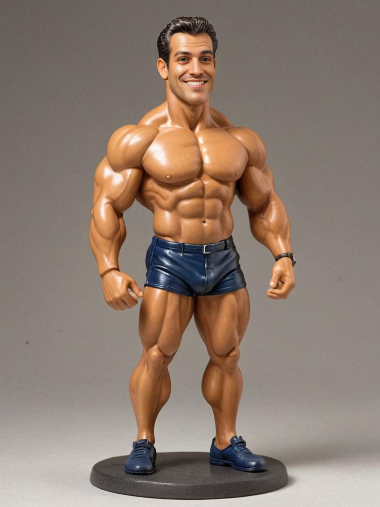 Exaggerated Muscular Caricature Figurine in Blue Shorts