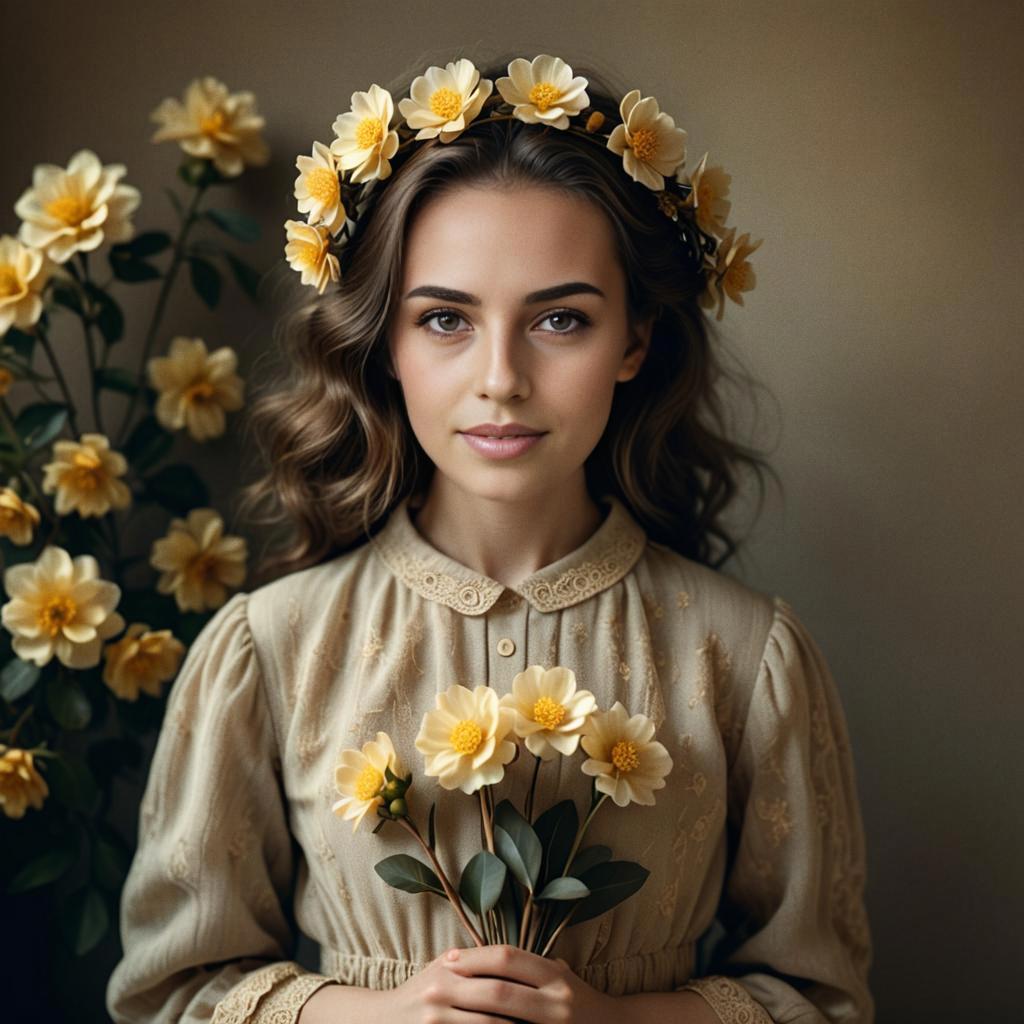 Young Woman in Flower Crown Among Yellow Flowers