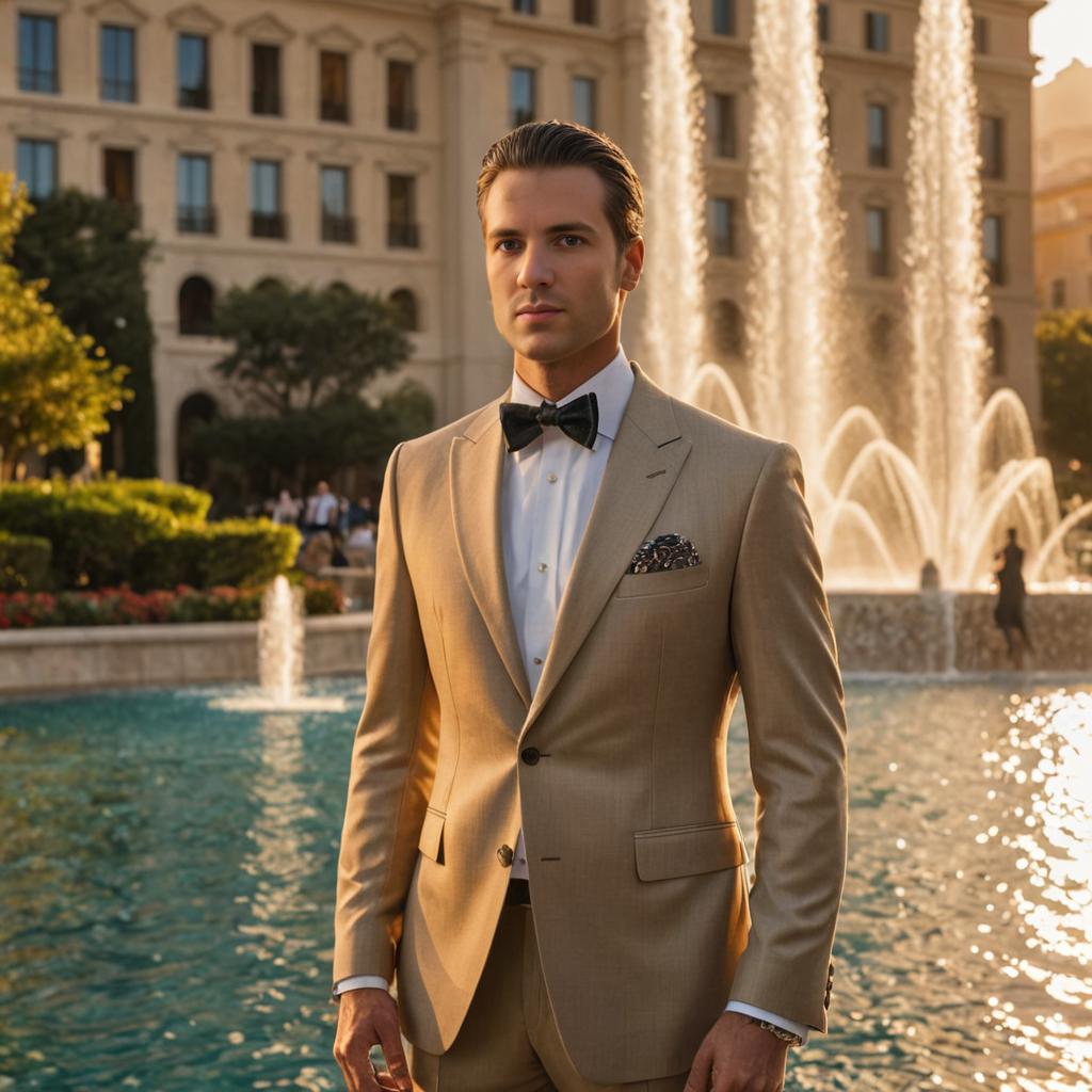 Man in Suit at Bellagio Fountains at Golden Hour