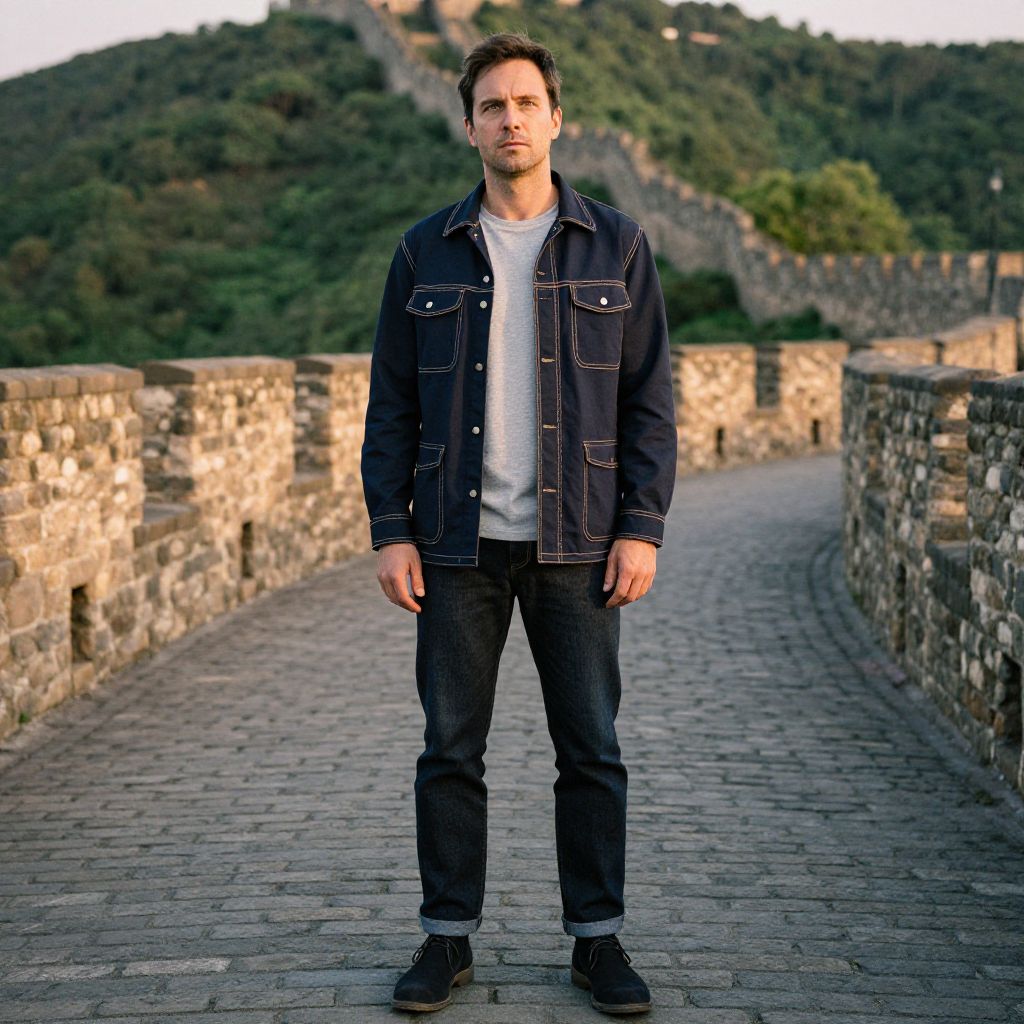 Man in Casual Navy Jacket Standing on Historic Stone Pathway