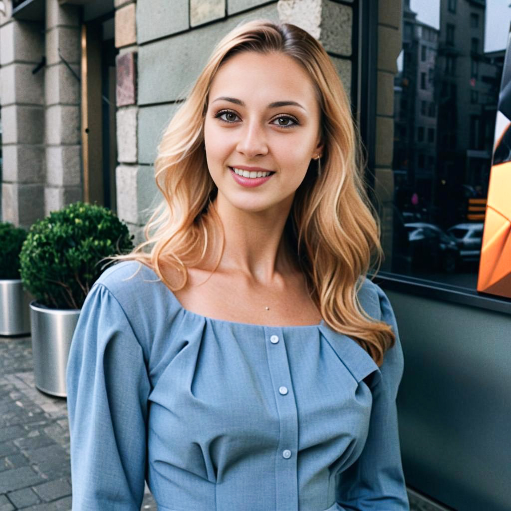 Cheerful woman in light blue blouse against urban backdrop