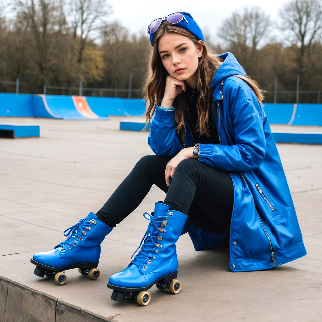 Young Woman in Blue Outfit and Roller Skates at Skate Park