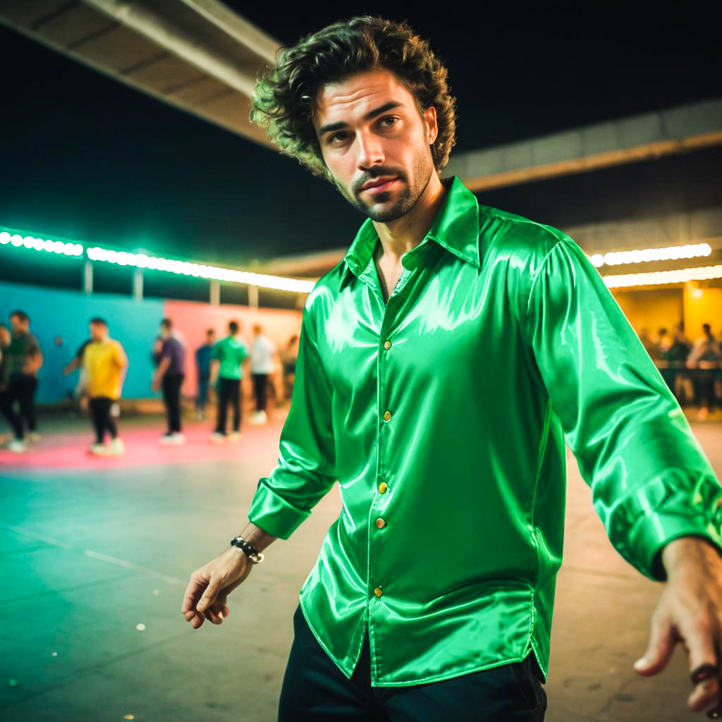 Stylish Man in Green Satin Shirt on Dance Floor