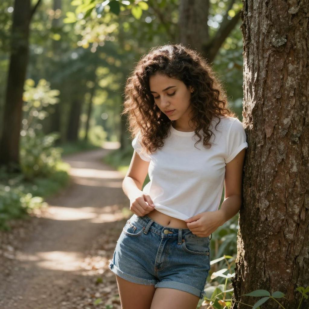 Young Woman in White T-Shirt and Denim Shorts Outdoors on Forest Path