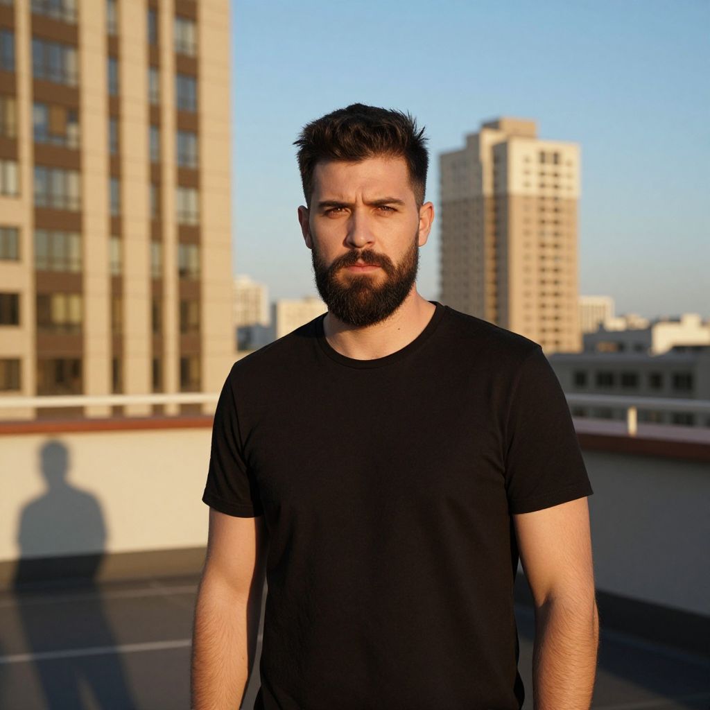 Bearded Man on Rooftop with Urban Buildings Background