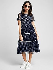 Woman in Contemporary Casual Navy Polka Dot Mesh Overlay Dress