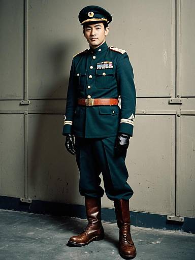 Man Wearing Classic Military Uniform Standing Against Wall
