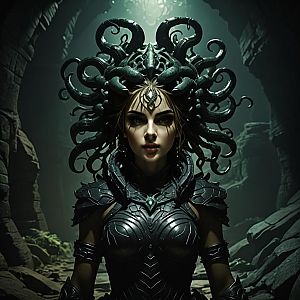 Fierce Woman in Dark Armor in Ancient Chamber