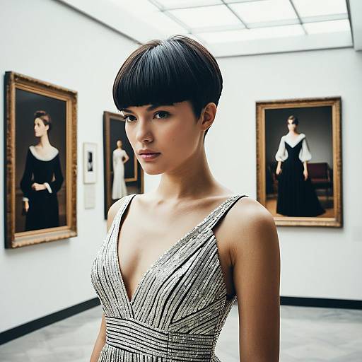 Elegant Woman in Silver Dress with Bob Haircut in Art Gallery