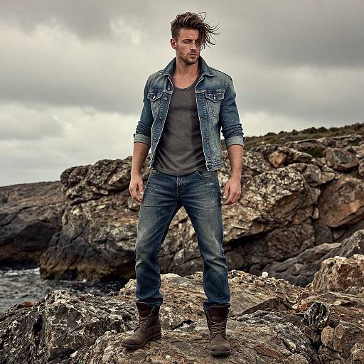 Rugged Man in Denim Jacket and Boots on Rocky Seaside Outdoors