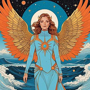 Woman with Golden Wings in Futuristic Outfit Against Cosmic Backdrop