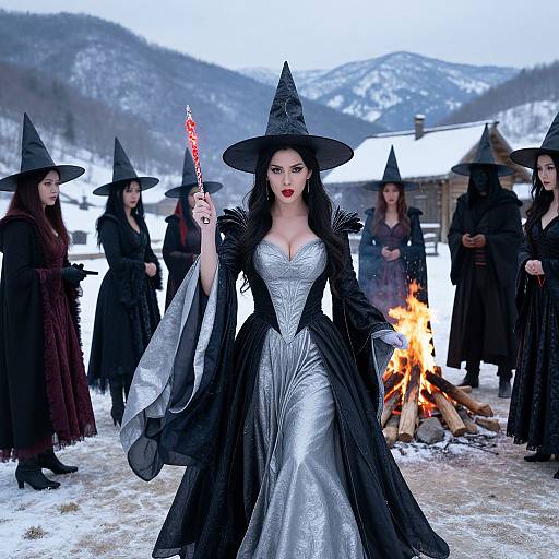 Woman Witch in Black and Silver Gown with Magical Wand by Snowy Campfire