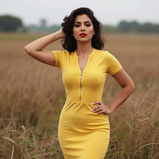 Confident Woman in Yellow Dress Posing in Field