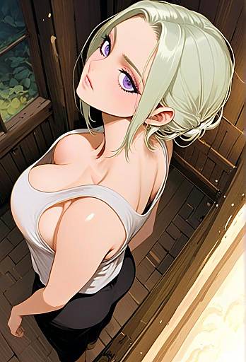 Anime Woman with Blonde Hair and Purple Eyes in Wooden Room