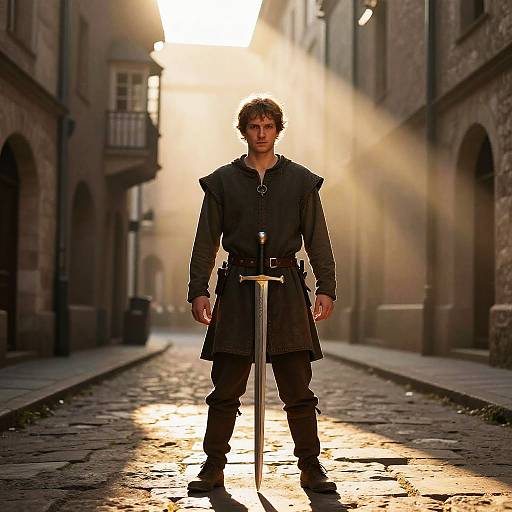 Humorous Man in Medieval Costume Standing in Street Holding Sword