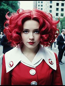 Confident Woman in Red Coat with Curly Hair