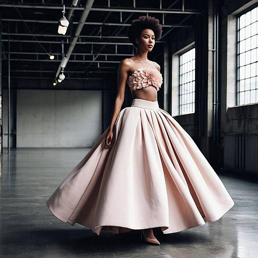 Elegant Blush Pink Two-Piece Gown with Floral Appliqué Top in Industrial Loft