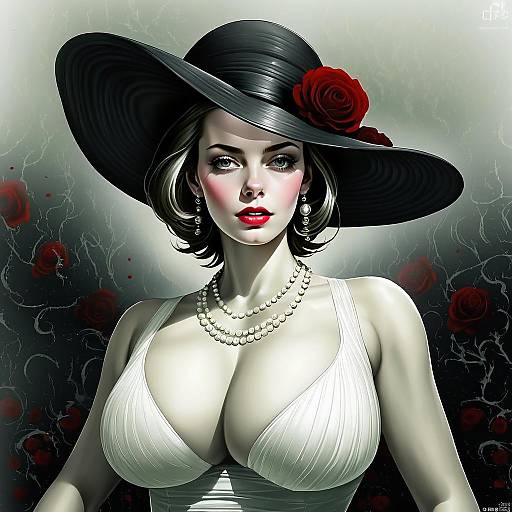 Alcina Dimitrescu Inspired Elegant Anime Woman with Black Hat and Red Roses