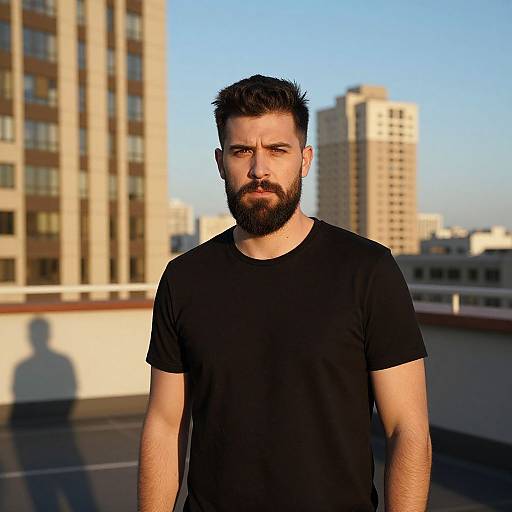 Bearded Man on Rooftop with Urban Buildings Background