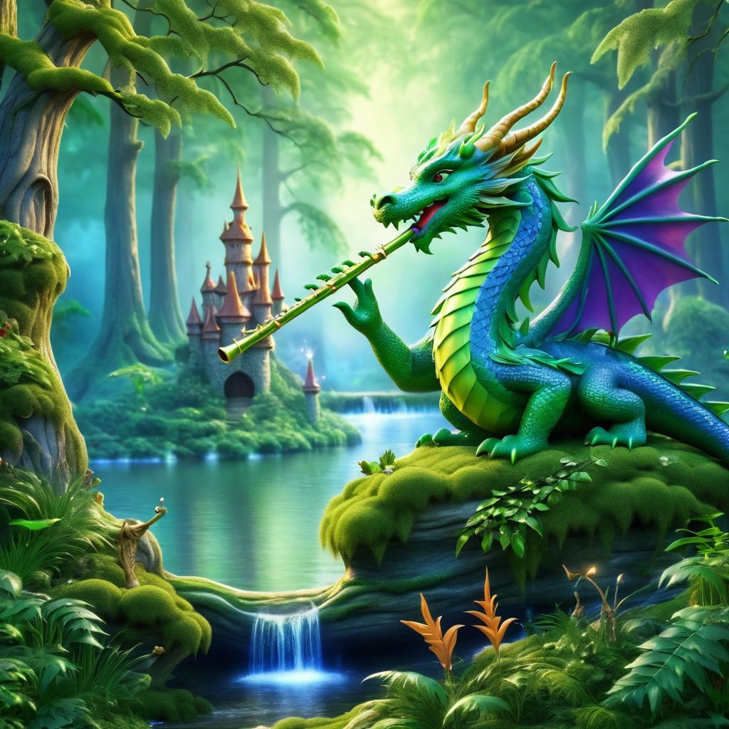 Romantic Dragon Playing Flute in Forest