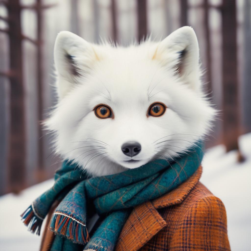 Elegant Arctic Fox in Stylish Tweed Scarf