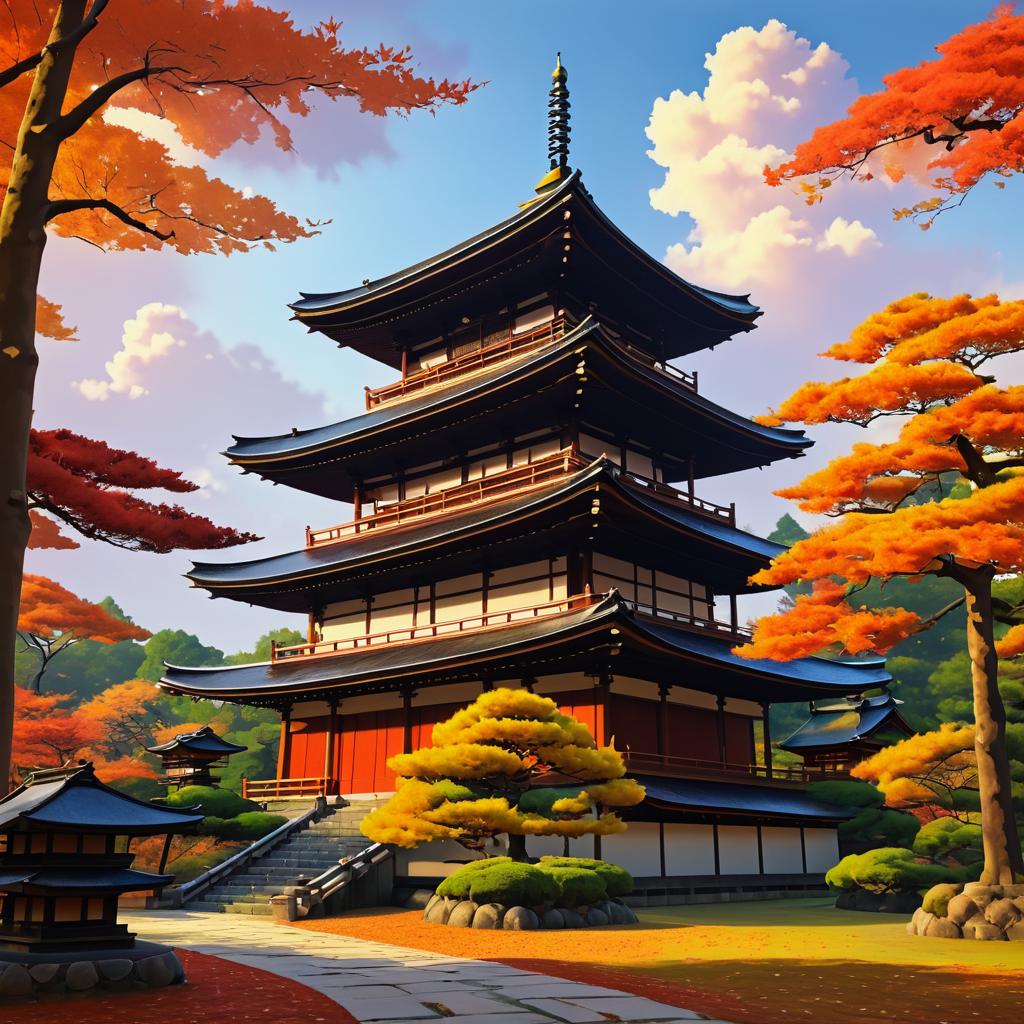 Vibrant Autumn Scene with Japanese Temple