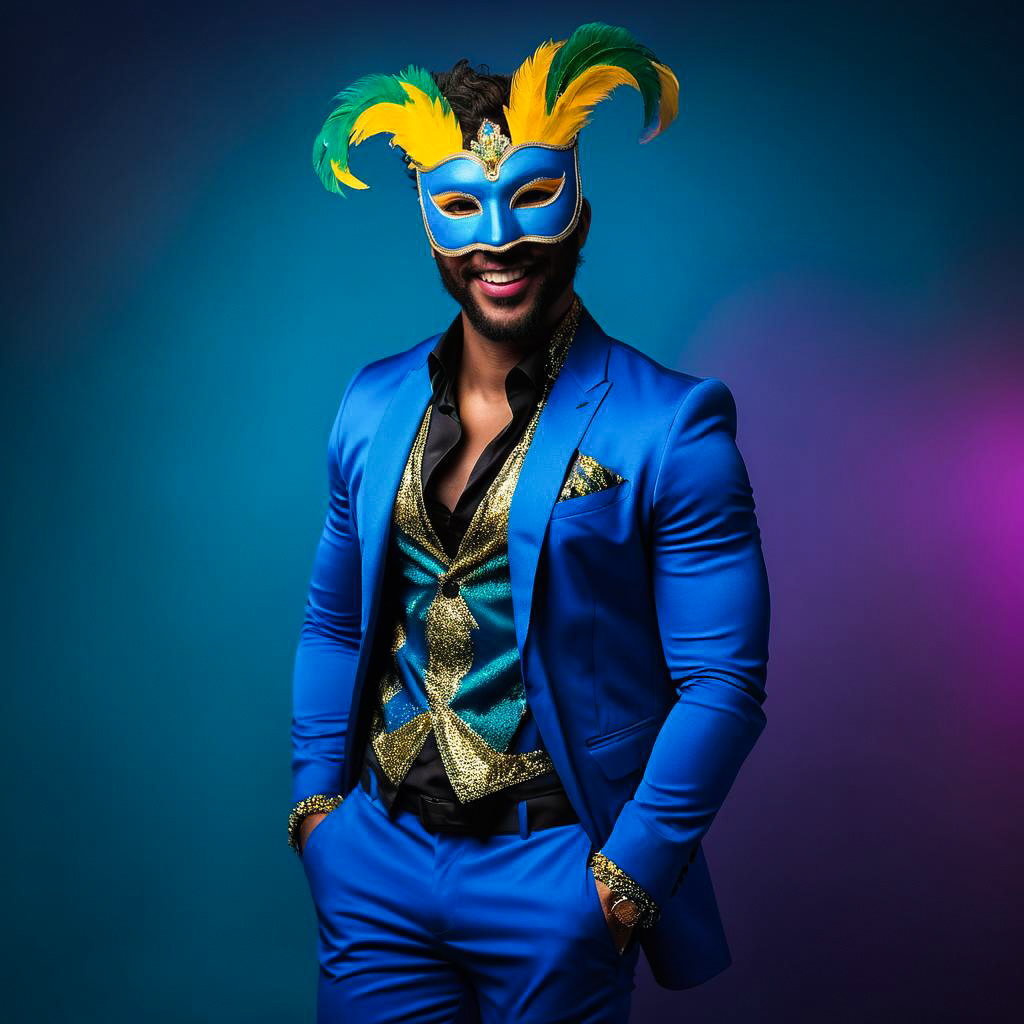 Vibrant Masquerade Portrait with Grinning Man