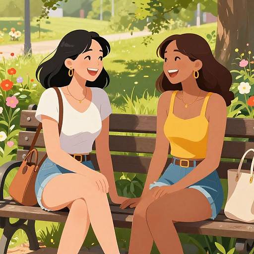 Digital illustration of two smiling women with dark hair, one in a white top and denim shorts, the other in a yellow top, sitting on a park