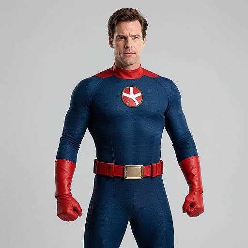 Photograph of a muscular, white man in a blue superhero suit with red gloves, belt, and emblem, standing confidently against a plain white background.
