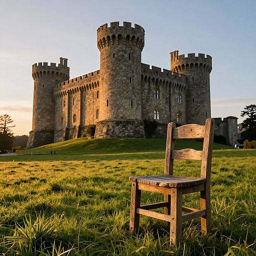 Photograph of a wooden chair in the foreground, with a medieval stone castle featuring towers in the background, set on a grassy hill at sunset.
