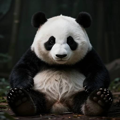 Photorealistic digital image of a cute, sitting giant panda with black and white fur, large black ears, and dark eyes, against a dark,