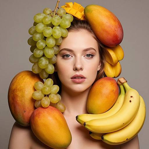 Photograph of a fair-skinned woman with blue eyes, wearing an elaborate arrangement of fruits (grapes, mangoes, bananas, and a banana