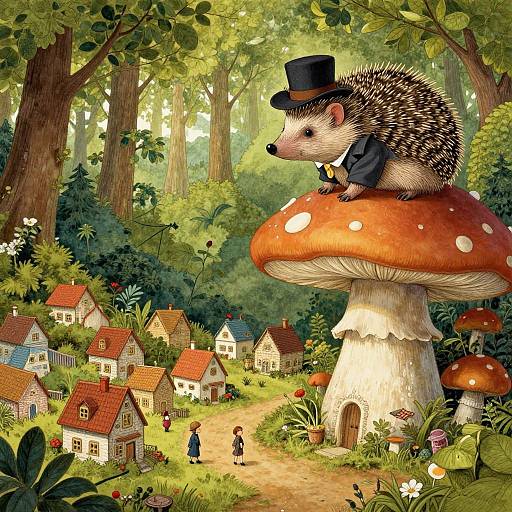 Whimsical digital illustration: Hedgehog in top hat and suit sits on giant red mushroom, overlooking fairy tale village with colorful houses, lush forest,