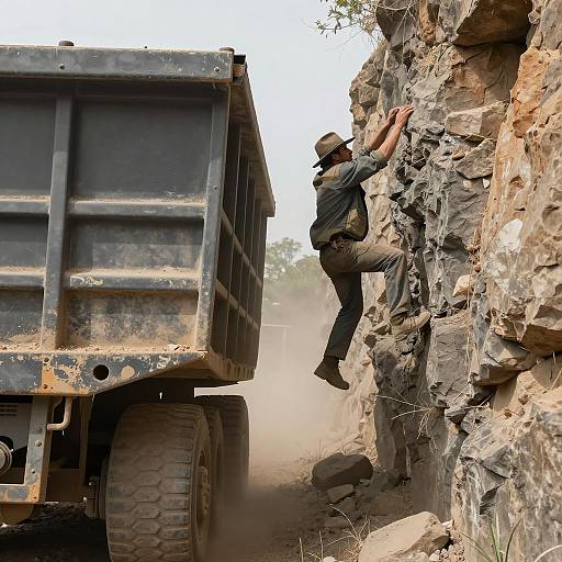 Man Hanging from Rock Face beside Mining Truck