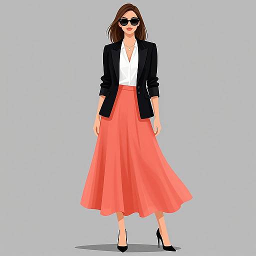 Digital illustration of a stylish woman with long brown hair, black sunglasses, black blazer, white top, and flowing coral skirt, standing against a light