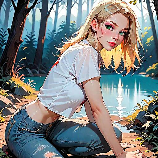 Blonde Woman in Cropped Top and Denim in Sunlit Forest
