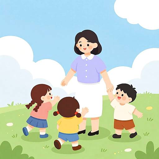 Aunt Playing with Children on a Cloudy Day