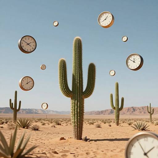 Surreal Desert with Floating Clocks