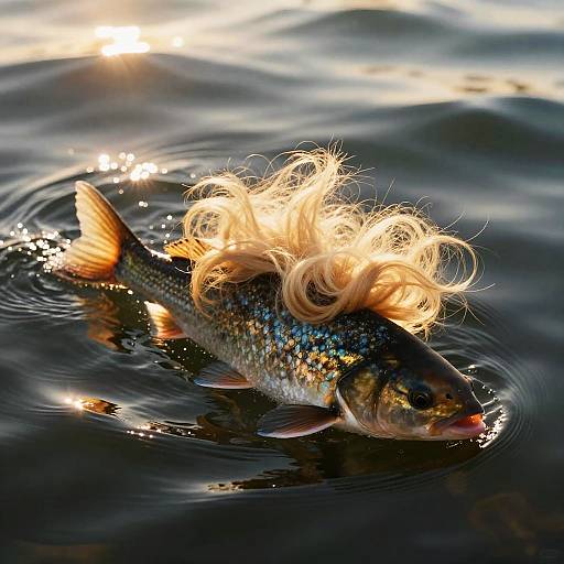 Photograph of a colorful fish with iridescent scales swimming in dark water, adorned with bright, curly, blonde seaweed on its head. Sun
