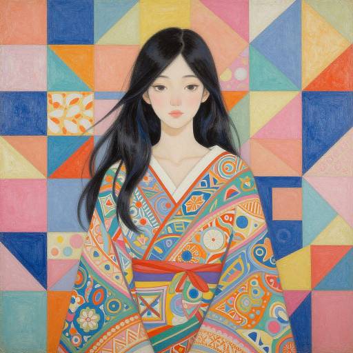 Digital painting of an East Asian woman with long black hair, wearing a colorful, patterned kimono, standing against a vibrant geometric patterned background.
