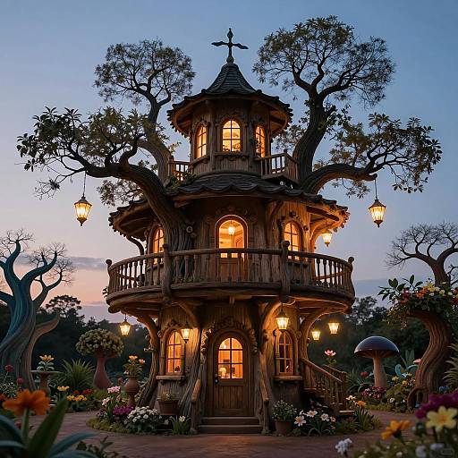 Enchanting Multi-Level Treehouse at Twilight