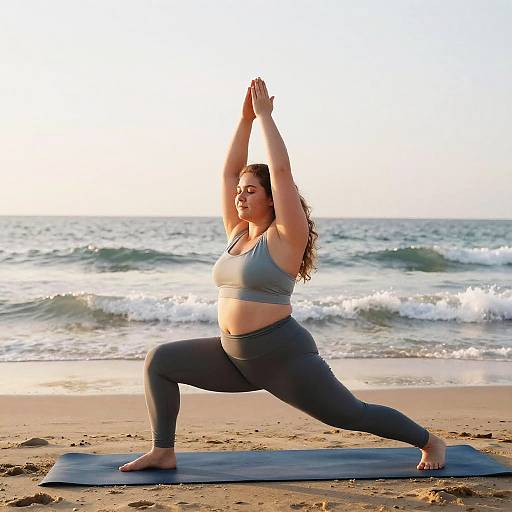 Overweight Girl Yoga at Sunrise Beach
